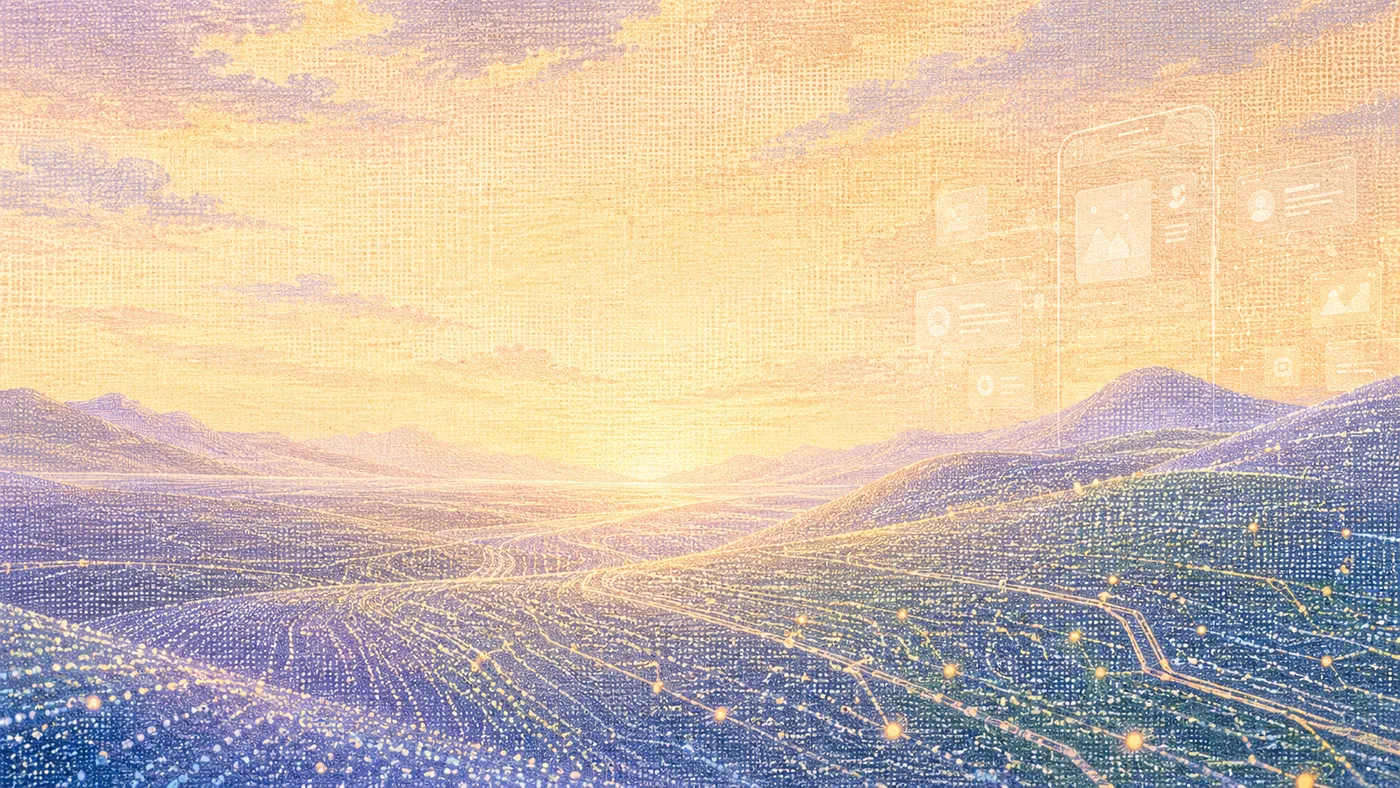 Illustration of a valley at golden hour with lines of light tracing routes across the hills and small data panels floating above the horizon.